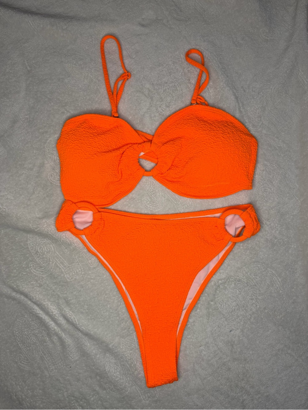 SHEIN Neon Orange Ring-Detail Textured Bikini